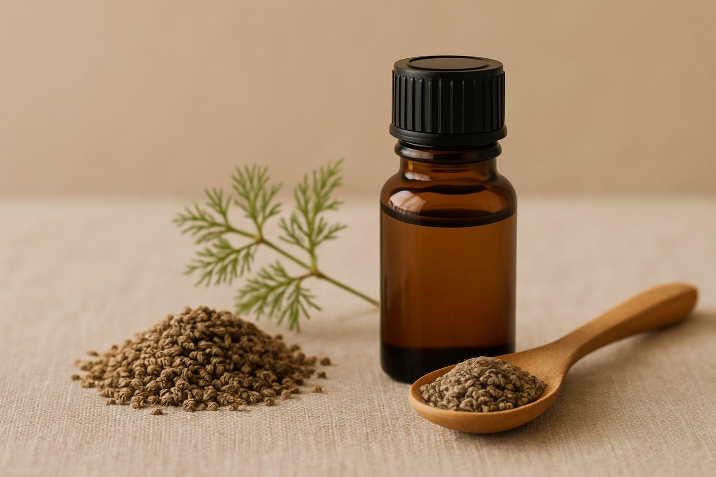 精油原料印度藏茴香：琥珀色精油瓶與木匙上細小的藏茴香籽及羽狀枝葉，米色亞麻檯面柔光