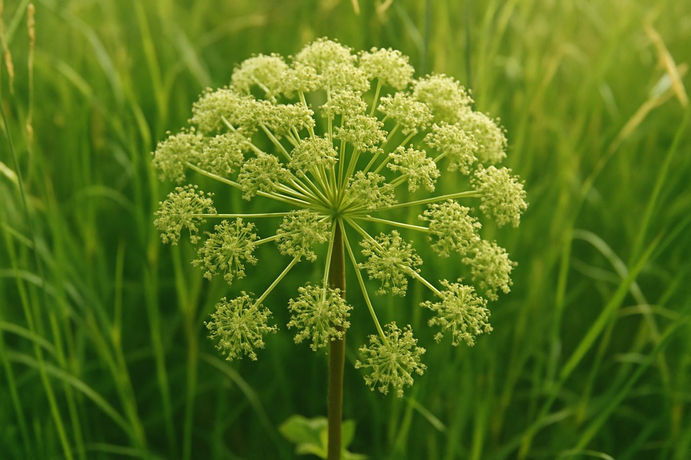 俯視歐白芷傘形花序在青草間綻放的細緻花簇，美白試驗植萃原料的天然樣貌