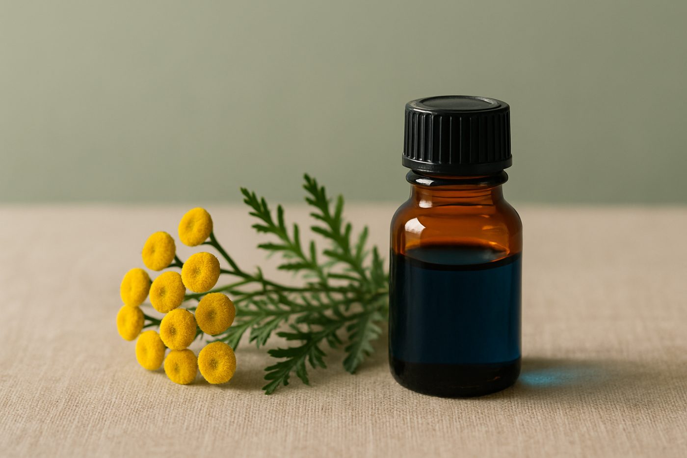 精油原料摩洛哥藍艾菊：盛裝深藍色精油的琥珀瓶與黃色小花的藍艾菊枝葉，淺鼠尾草綠背景