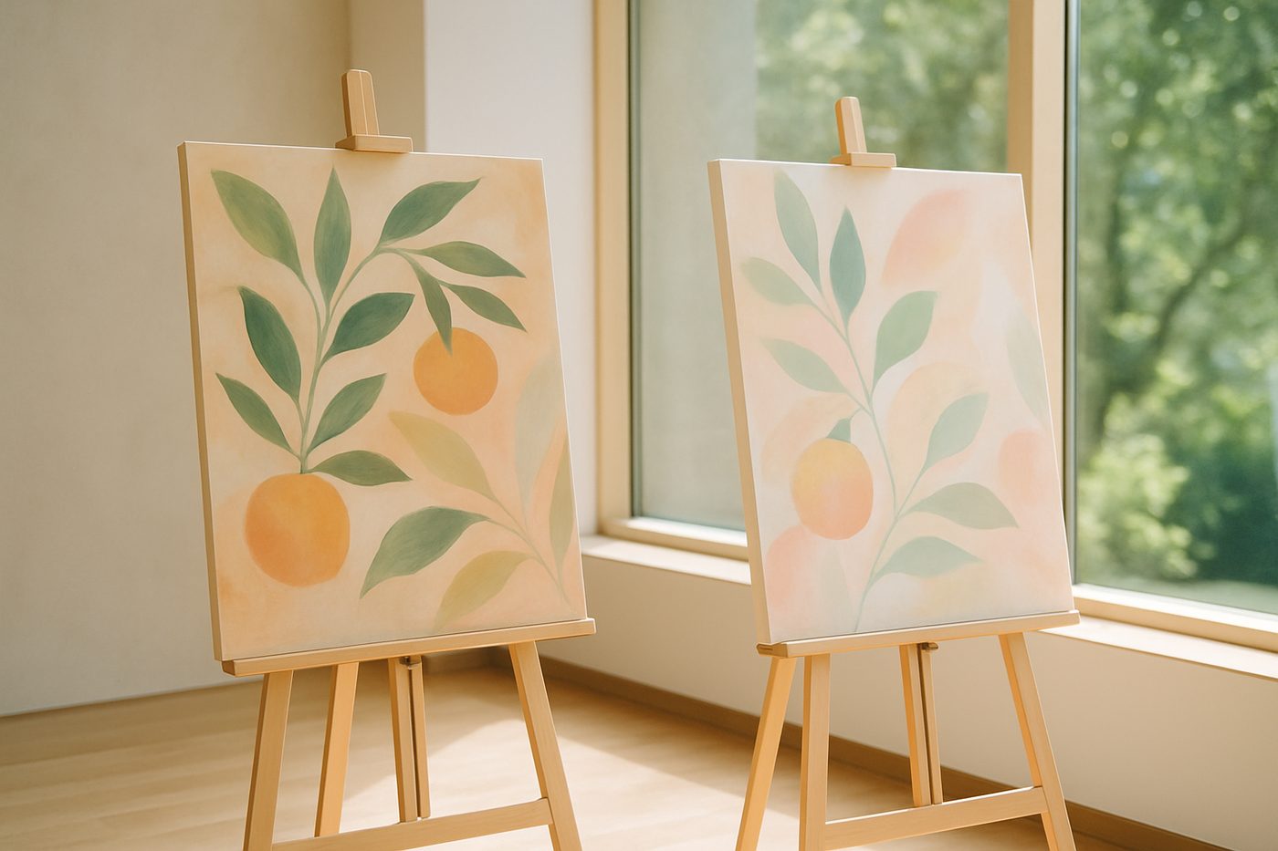 研討會場邊窗前木畫架展示兩幅植物主題畫作，柔和日光營造藝術氛圍