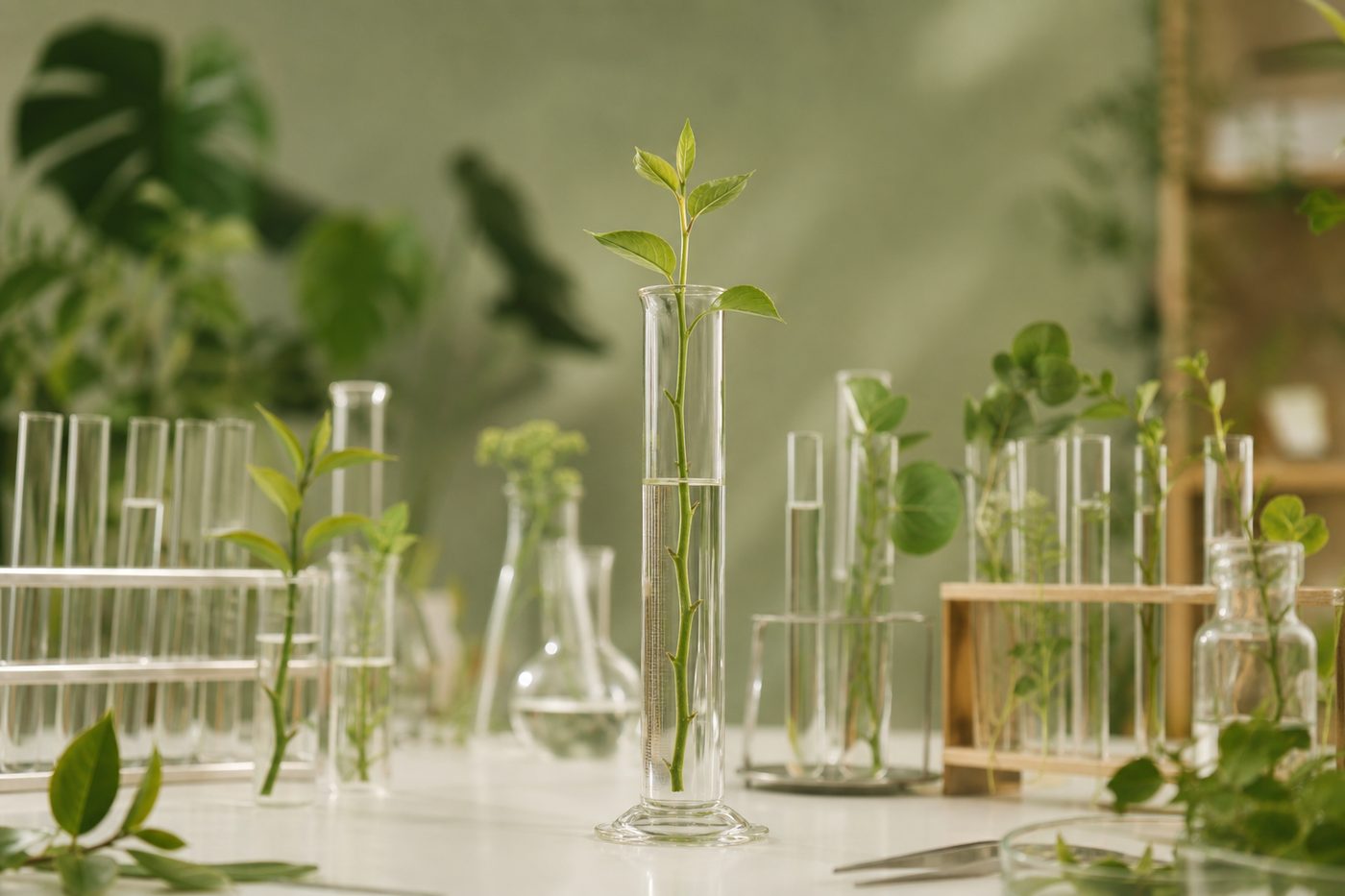 量筒中培養的綠色植物枝條與實驗玻璃器皿的植萃研究場景