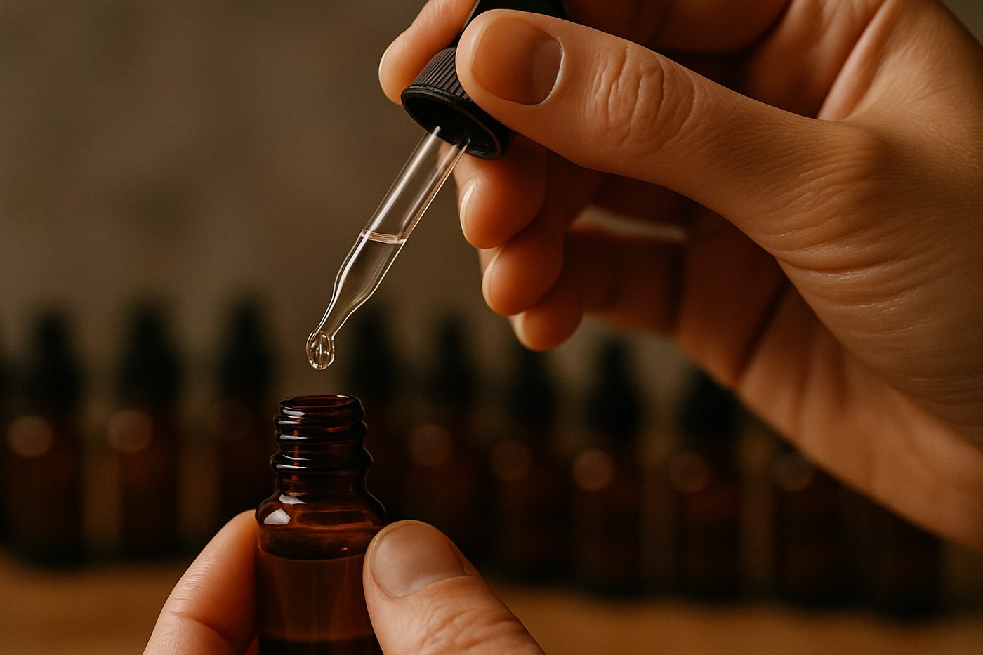 指尖持玻璃滴管將精油滴入小型琥珀瓶的特寫，背景成排琥珀瓶氛圍朦朧
