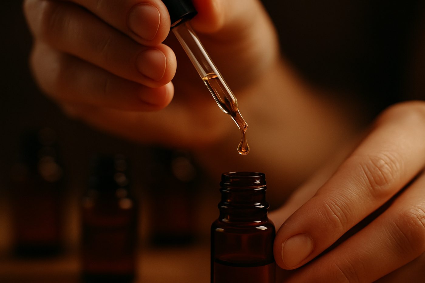 手持滴管將一滴精油滴入琥珀小瓶的微距畫面，科學實驗驗證精油護膚的意象