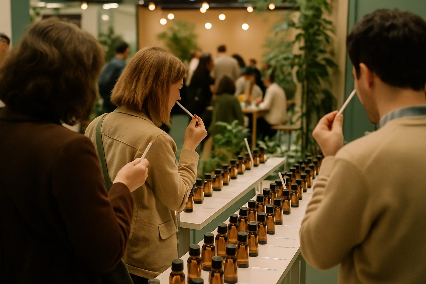 香氛展會攤位上參觀者以試香紙聞香，展檯陳列多款琥珀色精油瓶，呈現嗅覺行銷展會現場