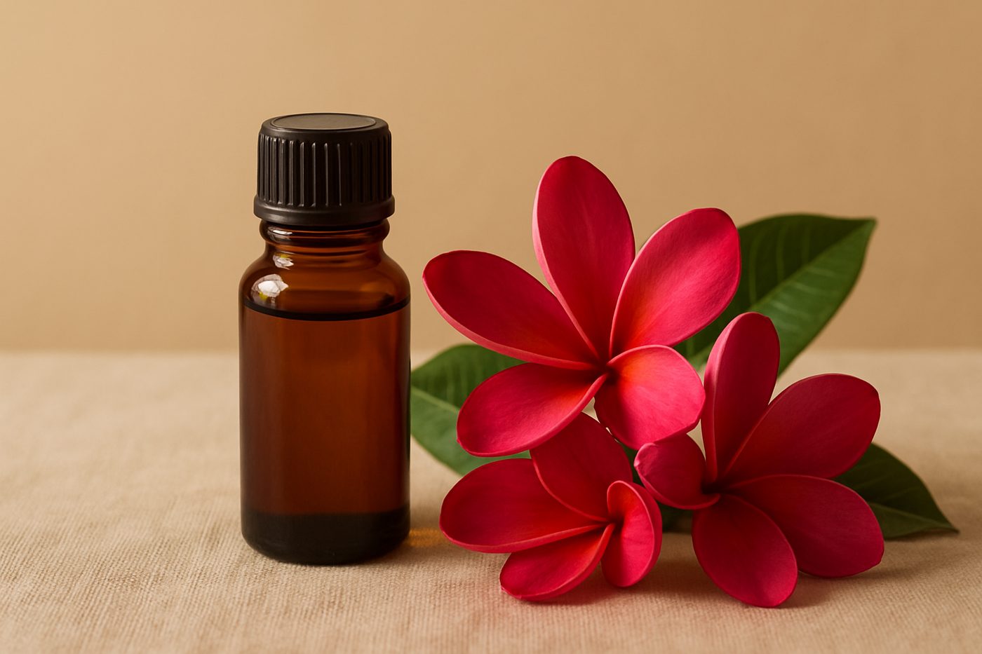精油原料紅花緬梔：琥珀色精油瓶與厚實蠟質的紅粉色緬梔花及光亮綠葉，米色亞麻檯面柔光