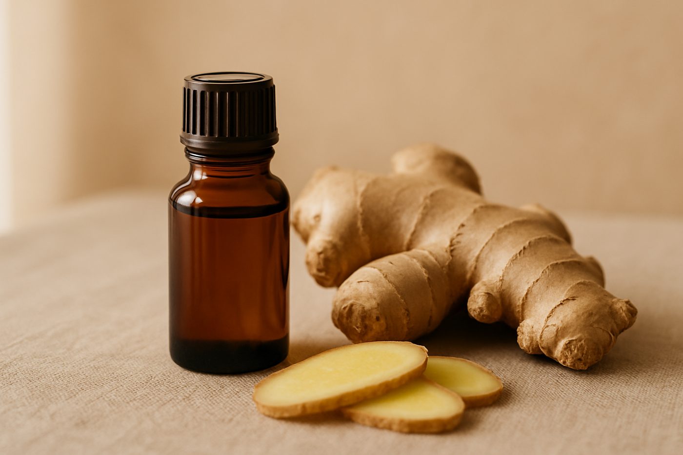 精油原料薑：琥珀色精油瓶與新鮮薑塊、薑片並置於米色亞麻布上，暖調自然光線