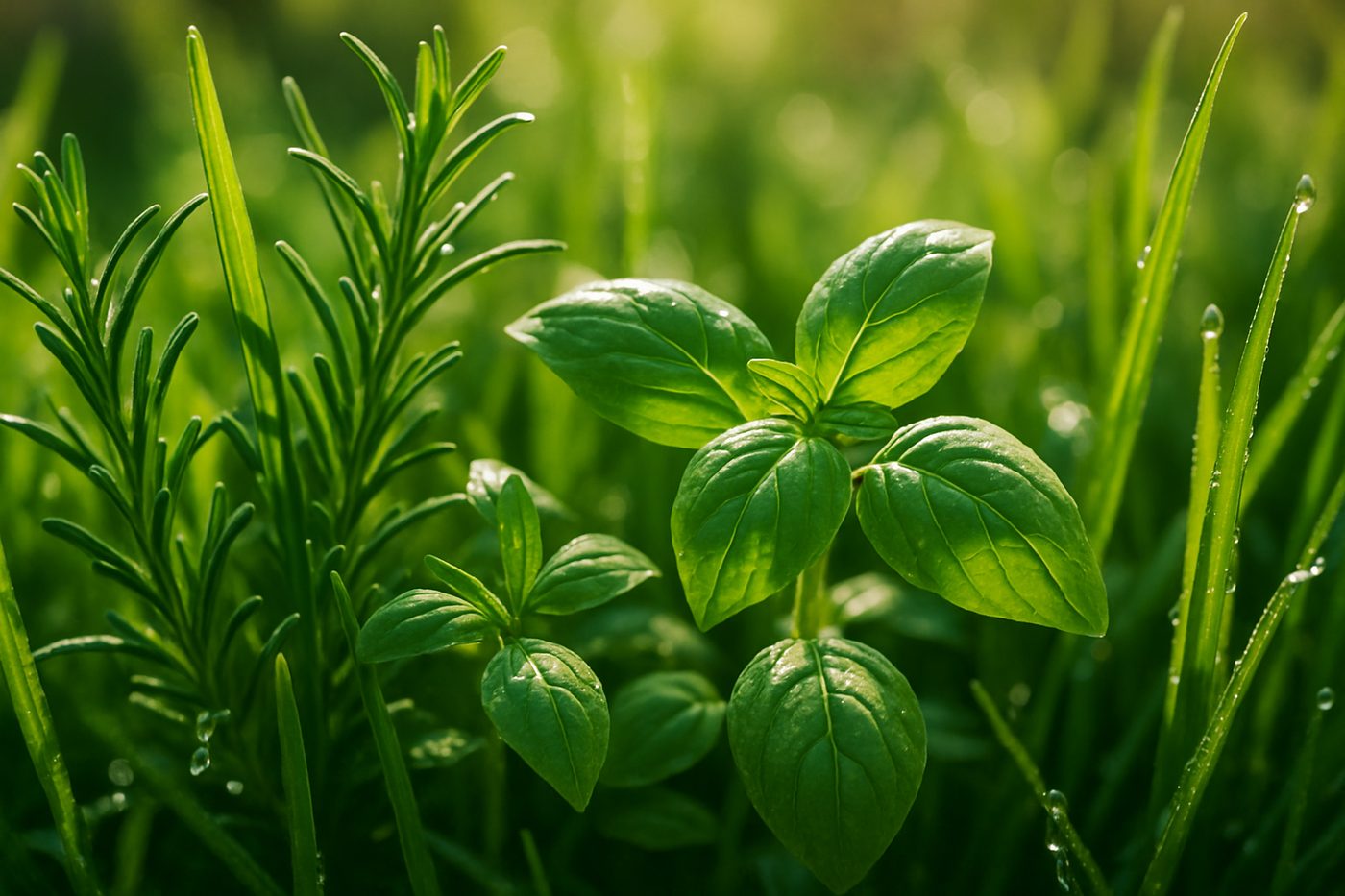 迷迭香羅勒與青草交織的鮮綠特寫，帶露珠的草本調香氛意象