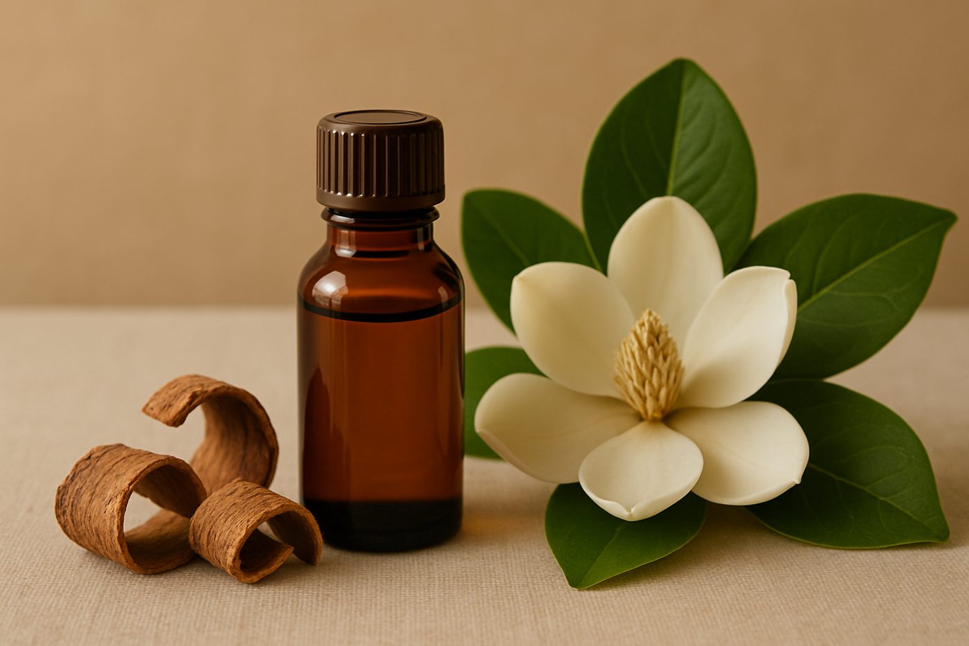 精油原料厚朴:琥珀色精油瓶與捲曲的厚朴樹皮及乳白色厚朴花與大片綠葉,米色背景柔光