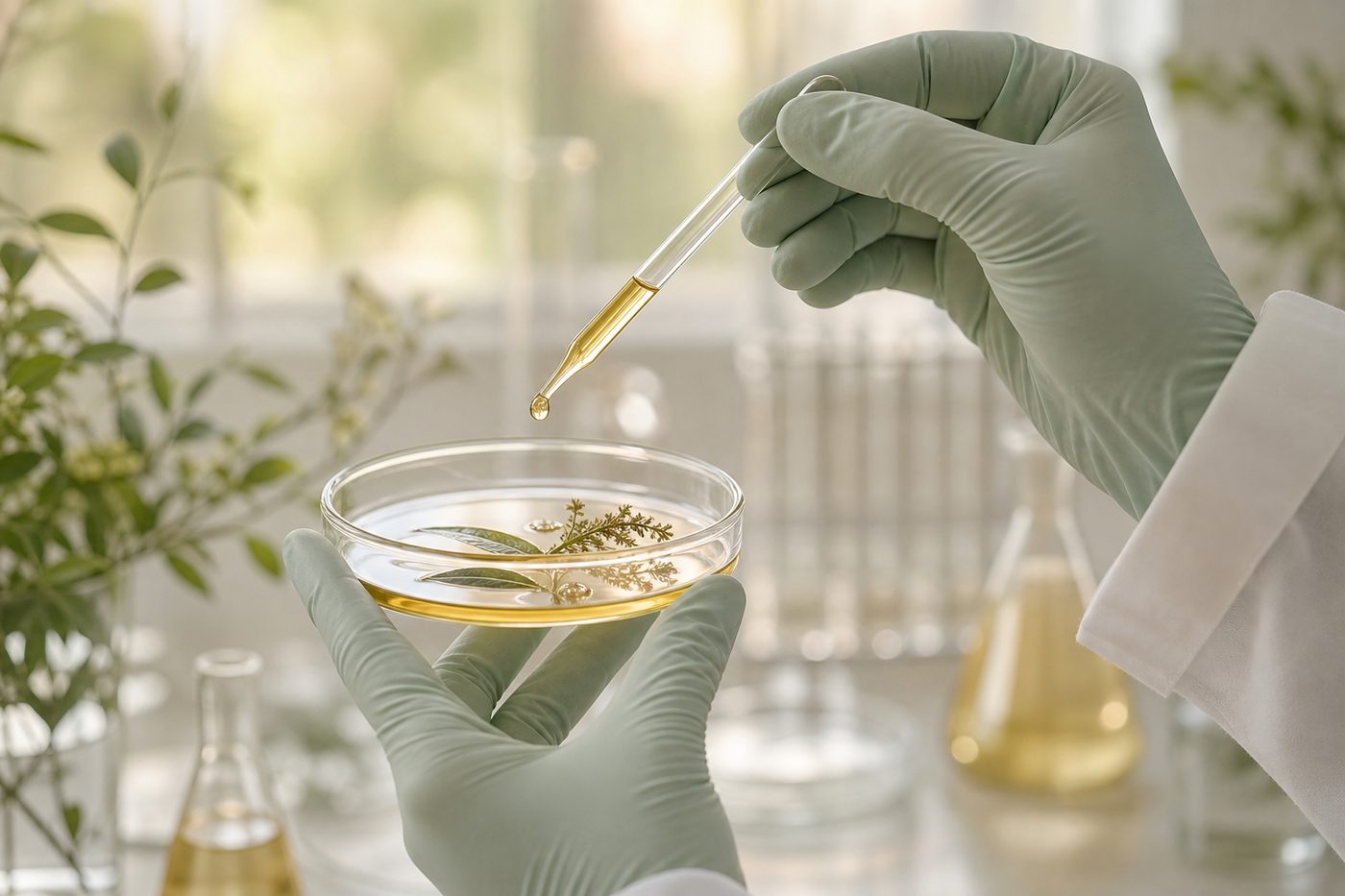 研究人員戴手套持培養皿滴入金黃植萃油的實驗室研發畫面(不露臉)