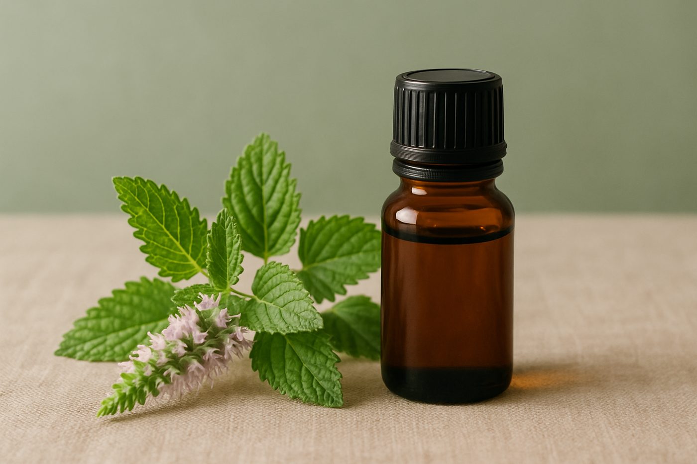 精油原料檸檬薄荷：琥珀色精油瓶與新鮮檸檬薄荷枝葉及淡紫花穗，米色檯面搭配柔和光線
