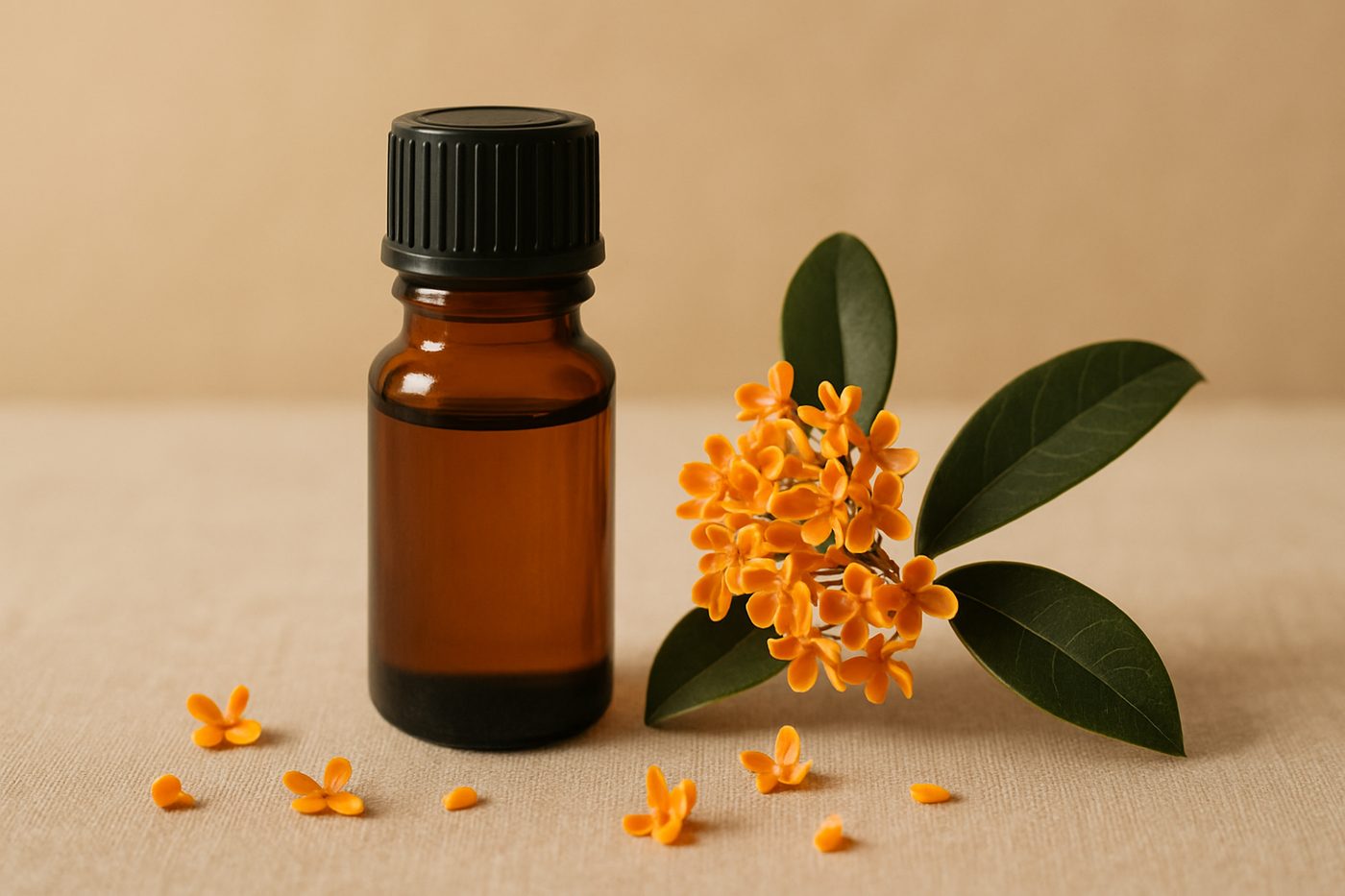 精油原料桂花：琥珀色精油瓶與金橙色細小桂花簇及深綠葉片，散落花瓣，米色檯面暖調自然光