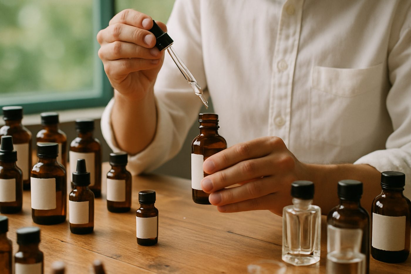調香師雙手以玻璃滴管將香精滴入琥珀色小瓶，木質工作檯擺滿琥珀瓶與香水空瓶，展現手工調香工藝
