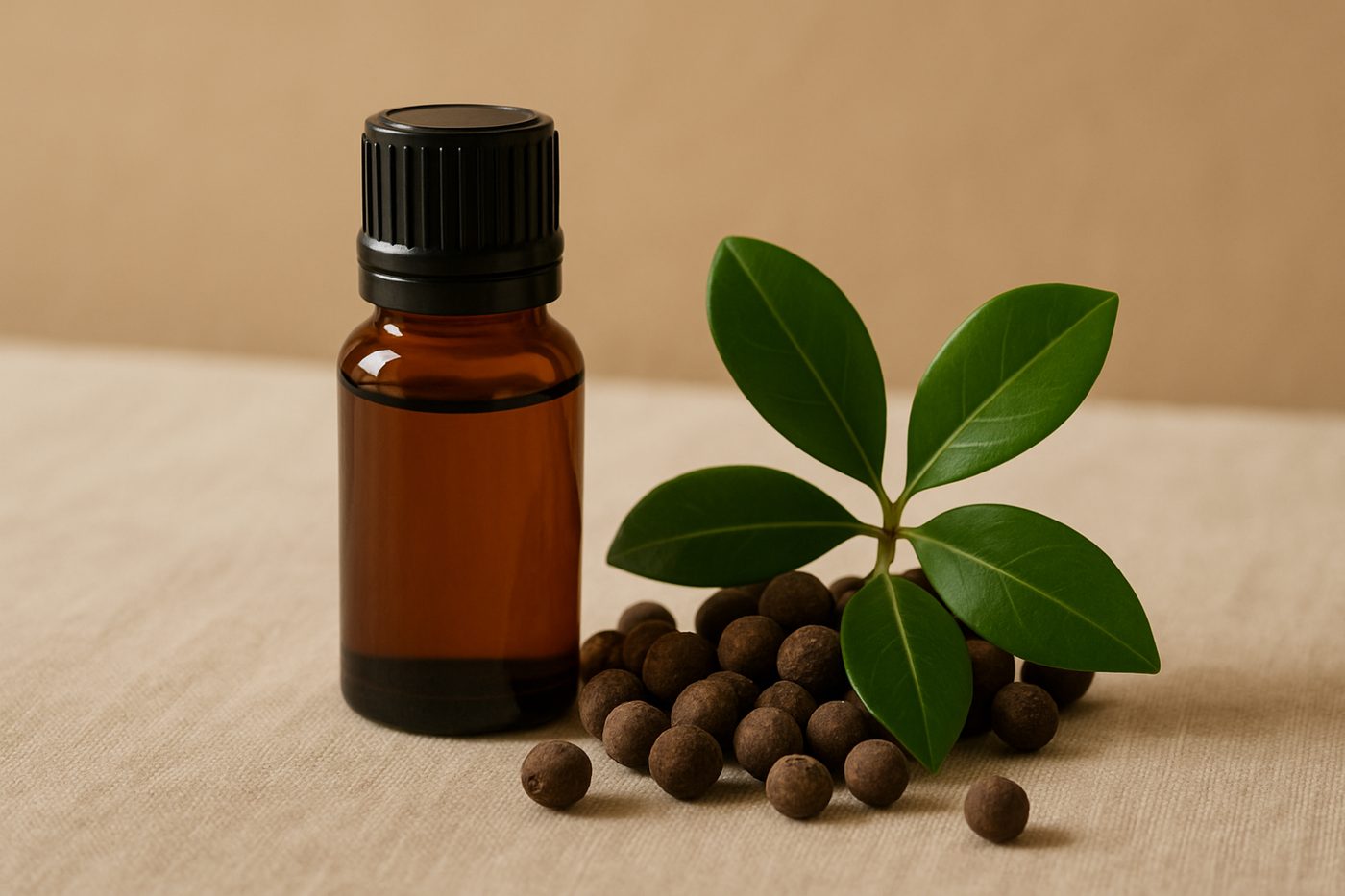 精油原料多香果：琥珀色精油瓶與散落的褐色多香果乾燥漿果及光亮葉片，米色亞麻背景暖光