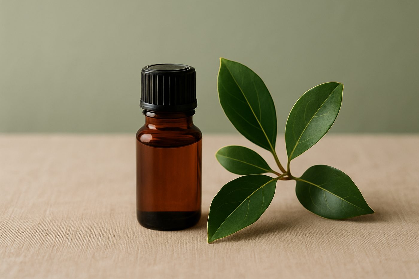 精油原料羅文莎葉：琥珀色精油瓶與光亮橢圓的羅文莎葉枝條，淺鼠尾草綠背景與柔和自然光