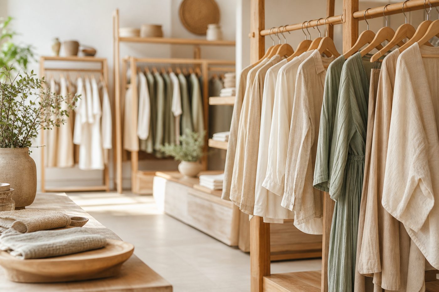 服飾零售店內木質陳列與中性色服裝的空間氛圍