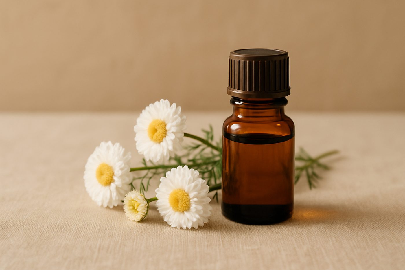 精油原料羅馬洋甘菊：琥珀色精油瓶與白色重瓣、鵝黃花心的羅馬洋甘菊花朵，米色檯面柔光