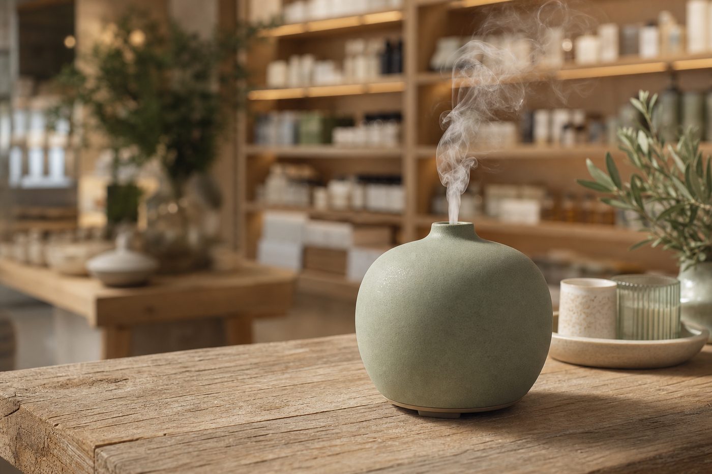 店內香氛擴香儀飄散霧氣的嗅覺行銷情境，背景為柔焦賣場