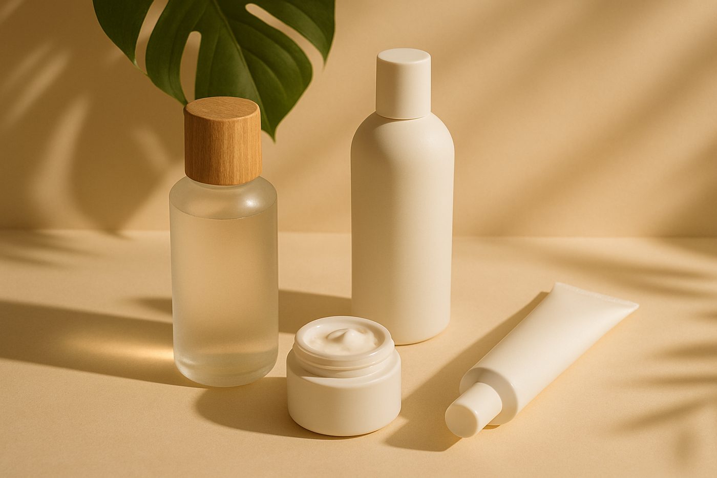 米白背景上的簡約保養品包裝組合:木蓋化妝水瓶乳液瓶面霜罐與軟管,自創品牌包材示意
