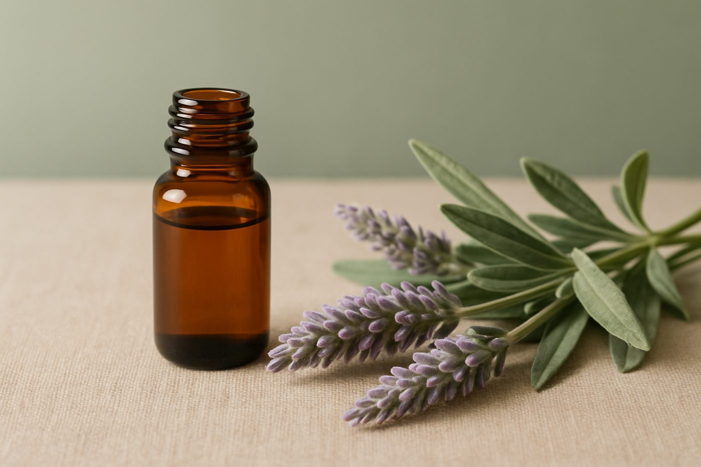 精油原料穗花薰衣草：琥珀色精油瓶與穗花薰衣草枝條，寬灰綠葉片與淡紫花穗，淺綠背景
